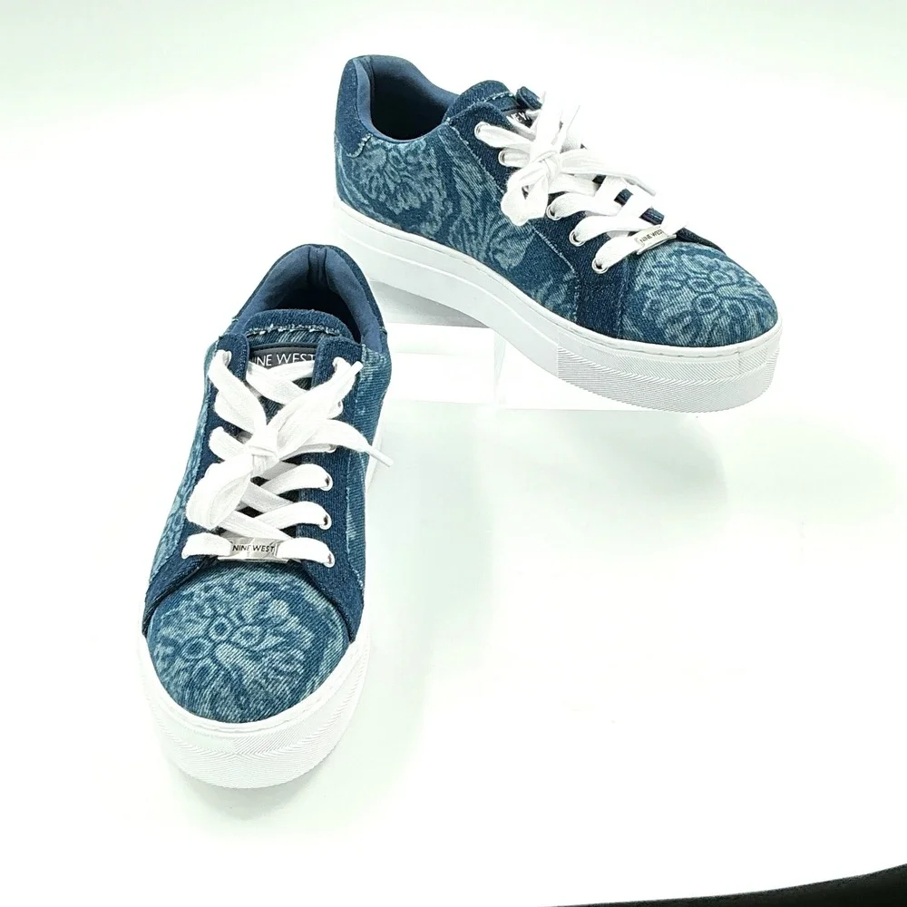 Nine West Size 9 Sneakers Blue Floral Paisley Denim Platform NEW Bestie  $79